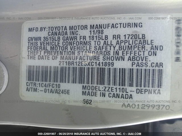 2T1BR12E5XC141899 - 1999 TOYOTA COROLLA VE/CE/LE 银色 照片 9