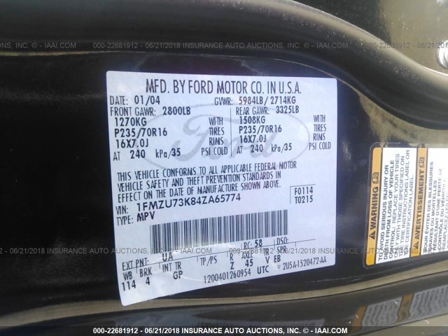 1FMZU73K84ZA65774 - 2004 FORD EXPLORER XLT/XLT SPORT/NBX 黑色 照片 9