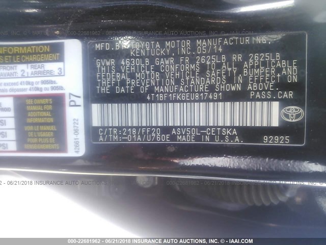 4T1BF1FK6EU817491 - 2014 TOYOTA CAMRY L/SE/LE/XLE Qara foto 9