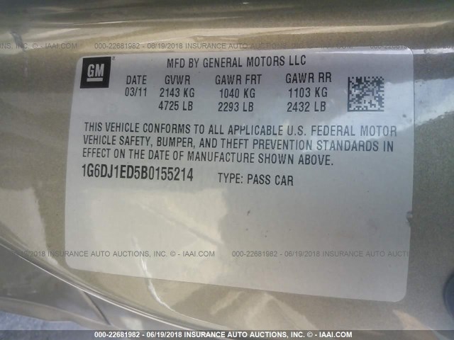 1G6DJ1ED5B0155214 - 2011 CADILLAC CTS PERFORMANCE COLLECTION Золотой фото 9