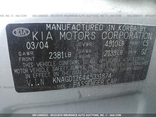 KNAGD126445331874 - 2004 KIA OPTIMA LX/EX SILVER photo 9