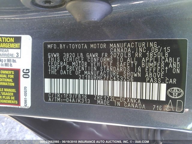 2T1BURHE7FC453256 - 2015 TOYOTA COROLLA L/LE/LE PLS/PRM/S/S PLS GRAY photo 9