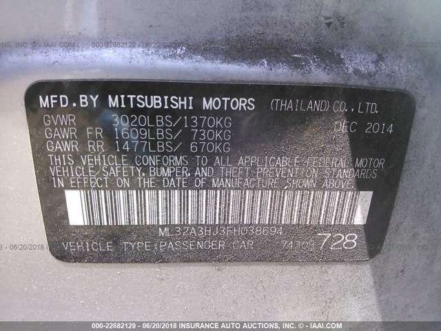 ML32A3HJ3FH038694 - 2015 MITSUBISHI MIRAGE DE SILVER photo 9