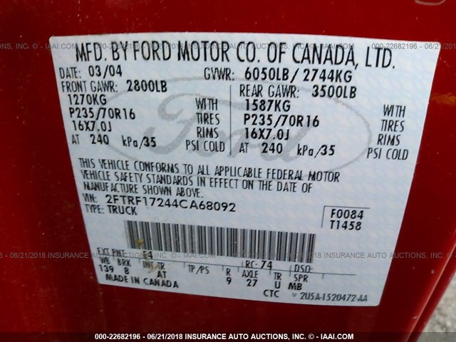 2FTRF17244CA68092 - 2004 FORD F-150 HERITAGE CLASSIC RED photo 9