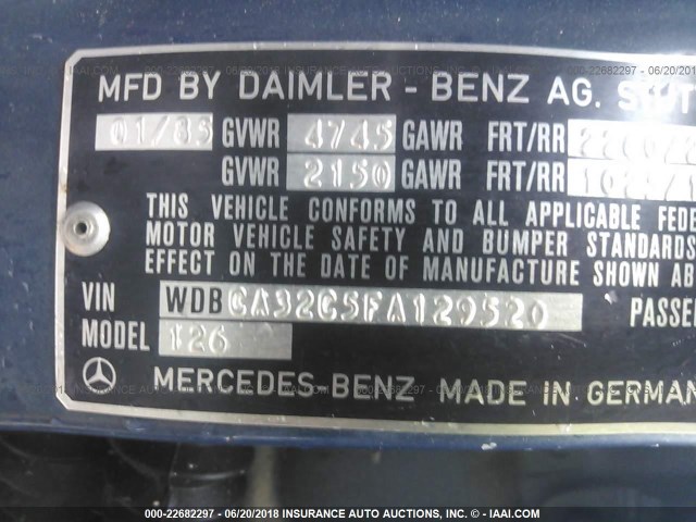 WDBCA32C5FA129520 - 1985 MERCEDES-BENZ 380 SE BLUE photo 9