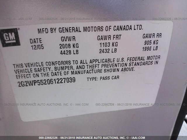 2G2WP552061227039 - 2006 PONTIAC GRAND PRIX SILVER photo 9