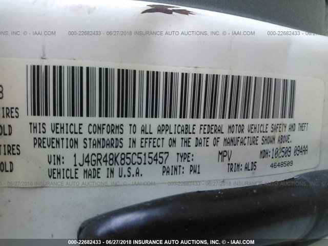 1J4GR48K85C515457 - 2005 JEEP GRAND CHEROKEE LAREDO/COLUMBIA/FREEDOM 白色 照片 9