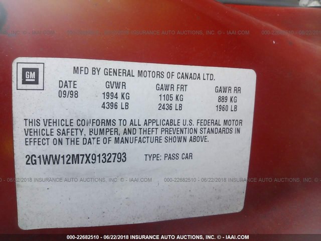 2G1WW12M7X9132793 - 1999 CHEVROLET MONTE CARLO LS RED photo 9