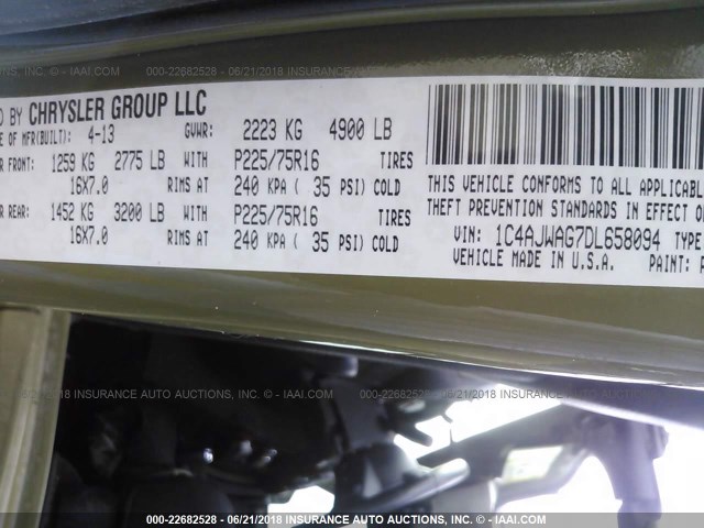 1C4AJWAG7DL658094 - 2013 JEEP WRANGLER SPORT GREEN photo 9