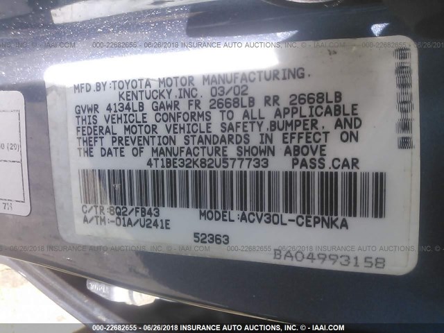 4T1BE32K82U577733 - 2002 TOYOTA CAMRY LE/XLE/SE 蓝色 照片 9