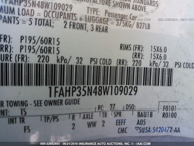 1FAHP35N48W109029 - 2008 FORD FOCUS SE/SEL/SES SILVER photo 9