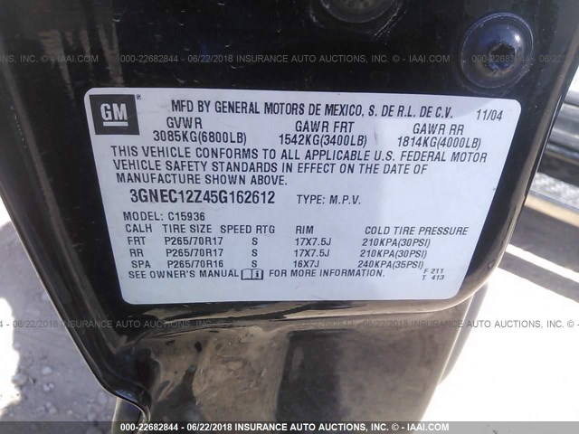 3GNEC12Z45G162612 - 2005 CHEVROLET AVALANCHE C1500 BLACK photo 9