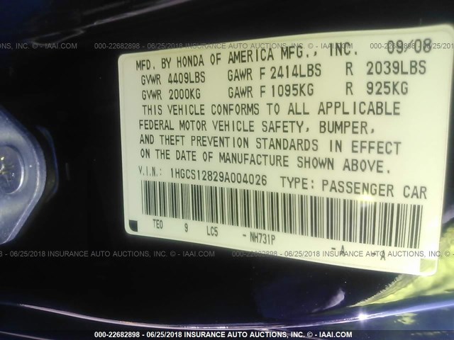 1HGCS12829A004026 - 2009 HONDA ACCORD EXL BLACK photo 9