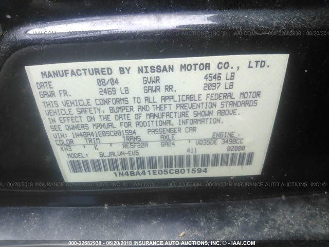 1N4BA41E05C801594 - 2005 NISSAN MAXIMA SE/SL BLACK photo 9