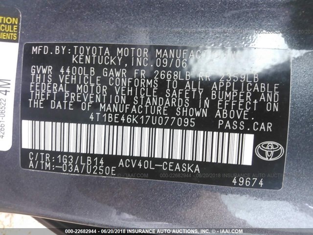 4T1BE46K17U077095 - 2007 TOYOTA CAMRY NEW GENERAT CE/LE/XLE/SE GRAY photo 9