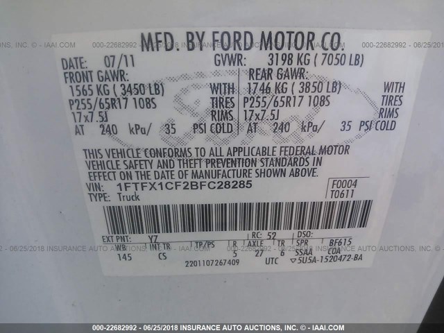 1FTFX1CF2BFC28285 - 2011 FORD F150 SUPER CAB WHITE photo 9