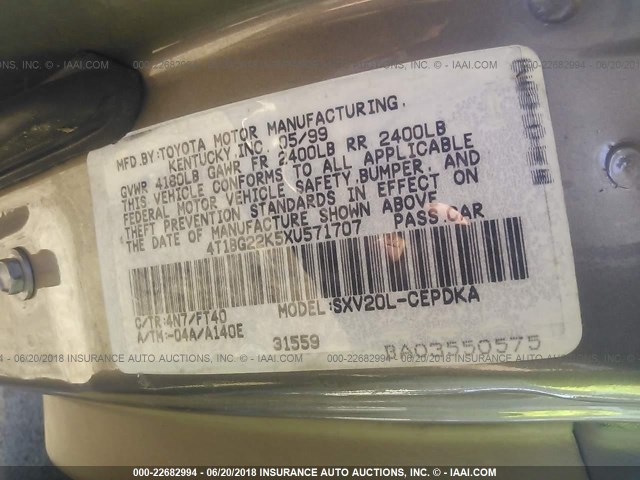 4T1BG22K5XU571707 - 1999 TOYOTA CAMRY CE/LE/XLE BROWN photo 9