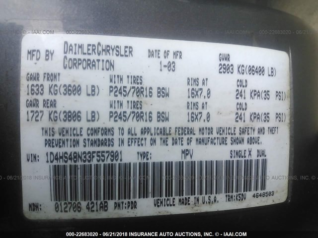 1D4HS48N33F557901 - 2003 DODGE DURANGO SLT GRAY photo 9