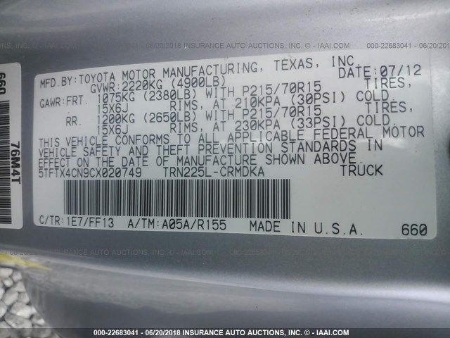 5TFTX4CN9CX020749 - 2012 TOYOTA TACOMA ACCESS CAB Күміс фото 9