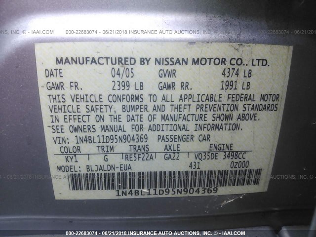 1N4BL11D95N904369 - 2005 NISSAN ALTIMA SE/SL/SE-R SILVER photo 9