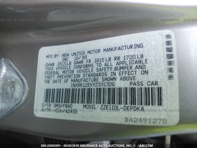 1NXBR12EXYZ331326 - 2000 TOYOTA COROLLA VE/CE/LE 棕色 照片 9