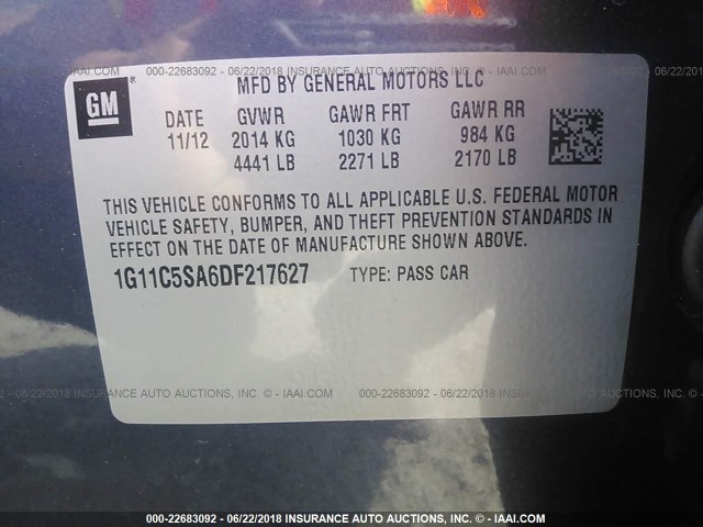 1G11C5SA6DF217627 - 2013 CHEVROLET MALIBU 1LT 蓝色 照片 9