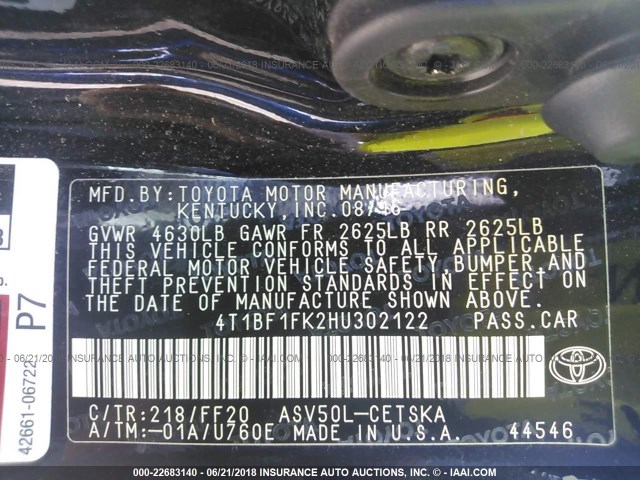 4T1BF1FK2HU302122 - 2017 TOYOTA CAMRY LE/XLE/SE/XSE BLACK photo 9