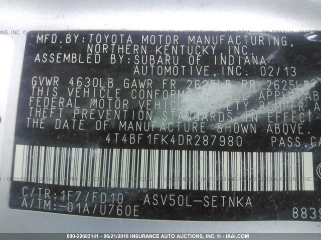 4T4BF1FK4DR287980 - 2013 TOYOTA CAMRY L/SE/LE/XLE 银色 照片 9