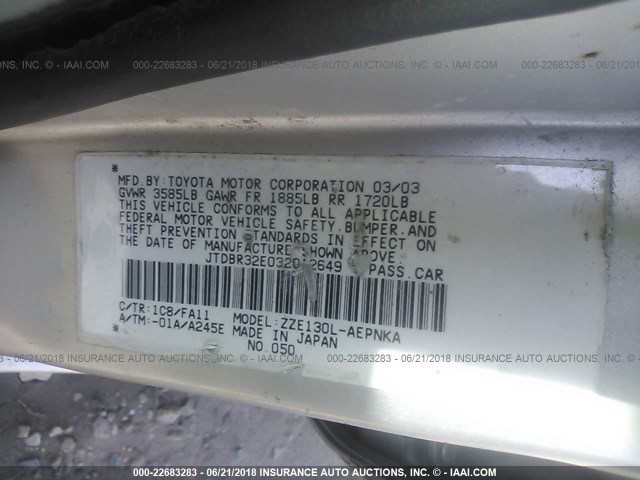 JTDBR32E032012649 - 2003 TOYOTA COROLLA CE/LE SILVER photo 9