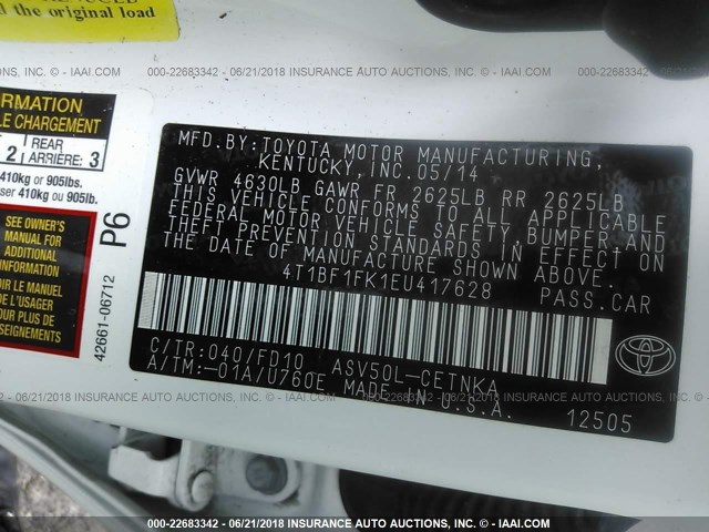 4T1BF1FK1EU417628 - 2014 TOYOTA CAMRY L/SE/LE/XLE Ağ foto 9