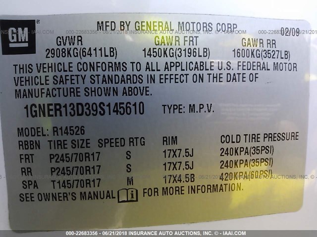 1GNER13D39S145610 - 2009 CHEVROLET TRAVERSE LS WHITE photo 9