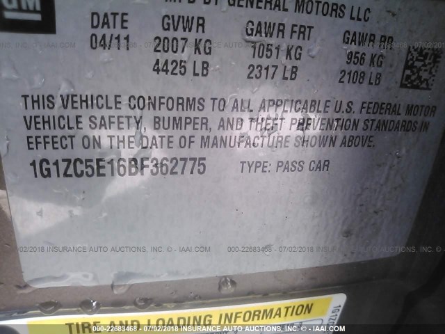 1G1ZC5E16BF362775 - 2011 CHEVROLET MALIBU 1LT GRAY photo 9