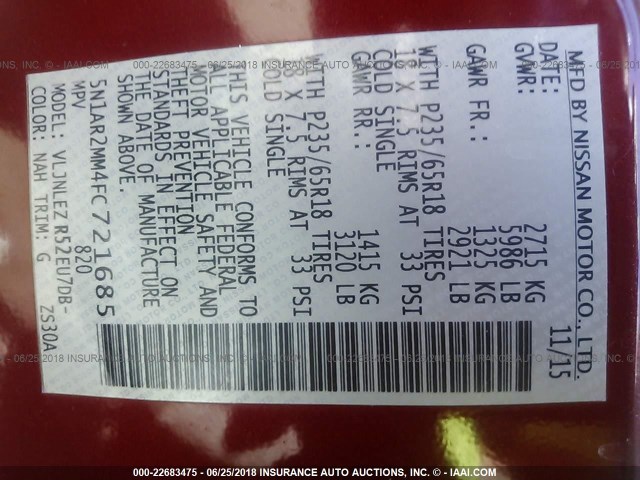 5N1AR2MM4FC721685 - 2015 NISSAN PATHFINDER S/SV/SL/PLATINUM RED photo 9