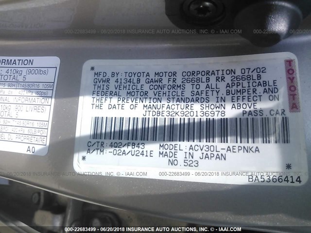 JTDBE32K920136978 - 2002 TOYOTA CAMRY LE/XLE/SE ოქროსფერი ფოტო 9