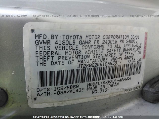 JT2BG22K610595817 - 2001 TOYOTA CAMRY CE/LE/XLE SILVER photo 9