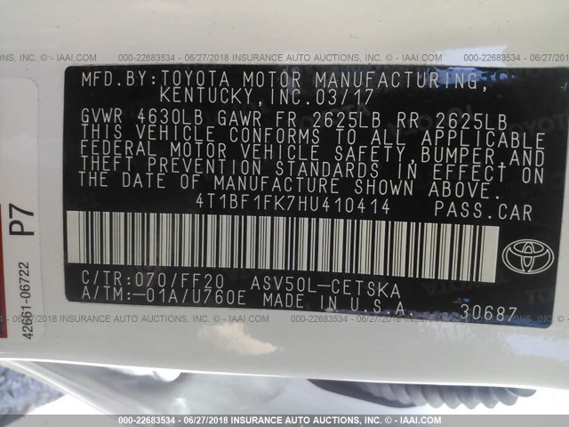 4T1BF1FK7HU410414 - 2017 TOYOTA CAMRY LE/XLE/SE/XSE WHITE photo 9