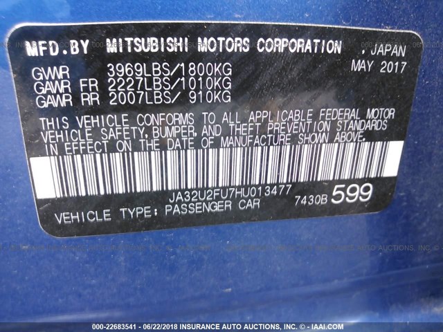 JA32U2FU7HU013477 - 2017 MITSUBISHI LANCER ES BLUE photo 9