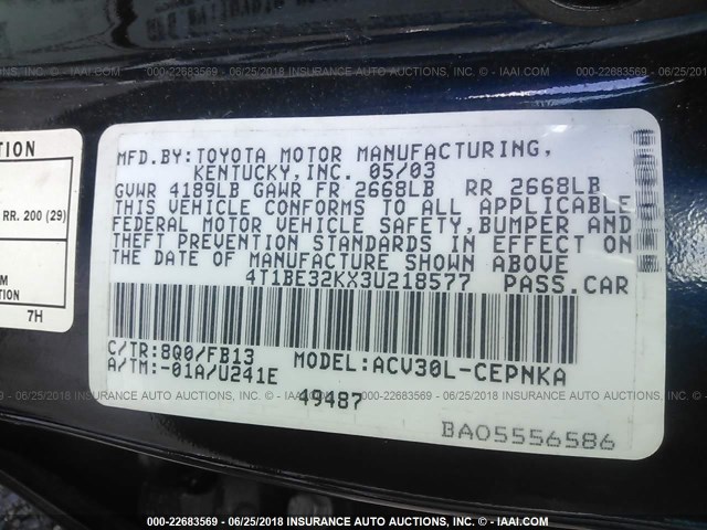 4T1BE32KX3U218577 - 2003 TOYOTA CAMRY LE/XLE/SE 蓝色 照片 9