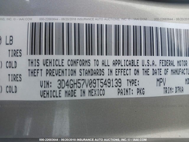 3D4GH57V09T549139 - 2009 DODGE JOURNEY SXT GOLD photo 9