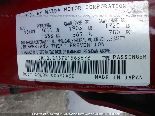 JM1BJ245721563678 - 2002 MAZDA PROTEGE PR5 红色 照片 9