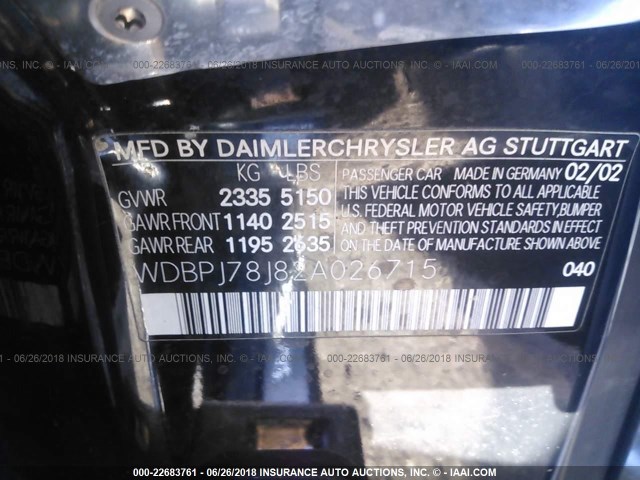 WDBPJ78J82A026715 - 2002 MERCEDES-BENZ CL 600 BLACK photo 9