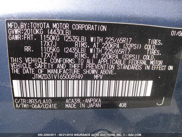 JTMZD31V165008949 - 2006 TOYOTA RAV4 LIMITED BLUE photo 9