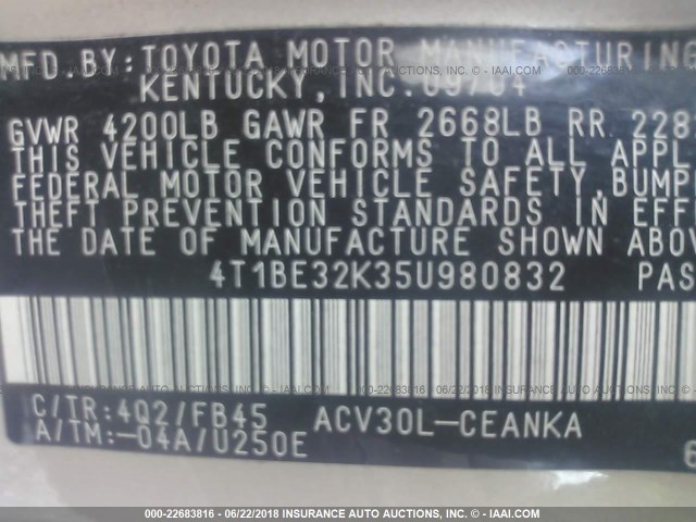 4T1BE32K35U980832 - 2005 TOYOTA CAMRY LE/XLE/SE 金色 照片 9