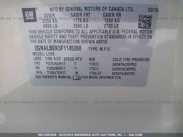 2GNALBEK3F1145068 - 2015 CHEVROLET EQUINOX LT TAN photo 9