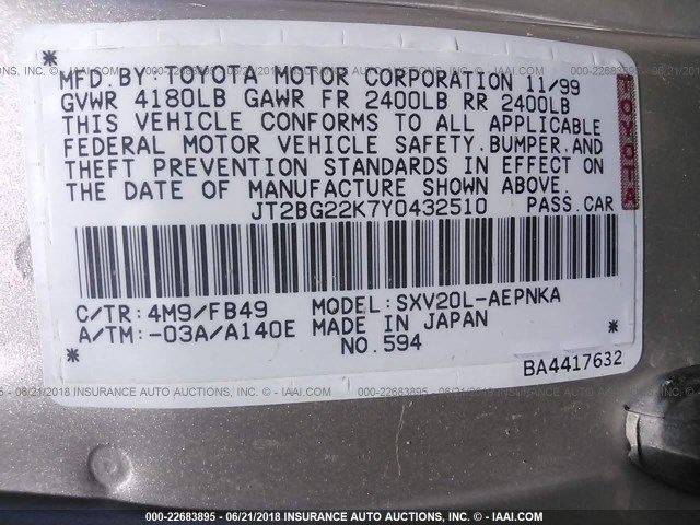 JT2BG22K7Y0432510 - 2000 TOYOTA CAMRY CE/LE/XLE ოქროსფერი ფოტო 9