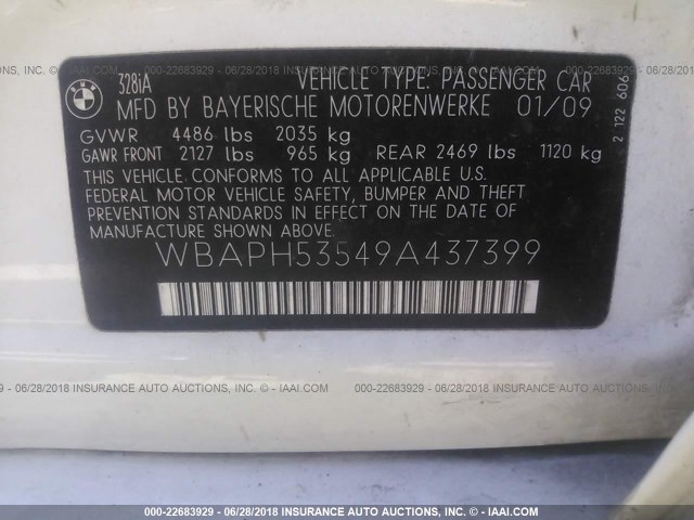 WBAPH53549A437399 - 2009 BMW 328 I SULEV WHITE photo 9