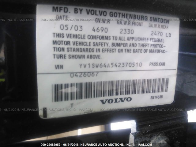 YV1SW64A542370510 - 2004 VOLVO V70 BLUE photo 9