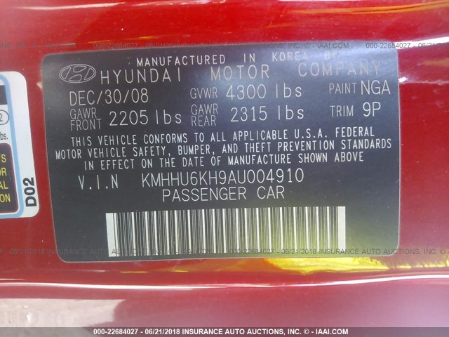 KMHHU6KH9AU004910 - 2010 HYUNDAI GENESIS COUPE 3.8L RED photo 9