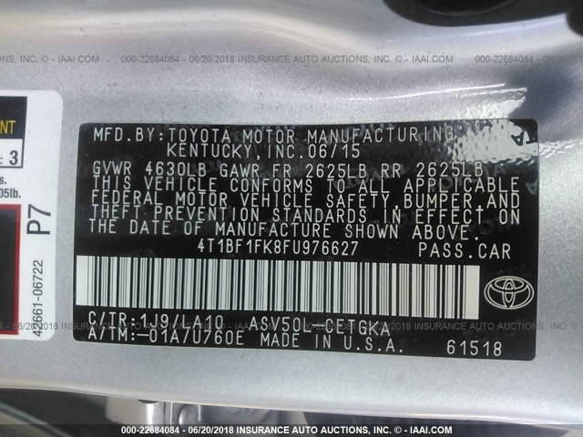 4T1BF1FK8FU976627 - 2015 TOYOTA CAMRY LE/XLE/SE/XSE SILVER photo 9