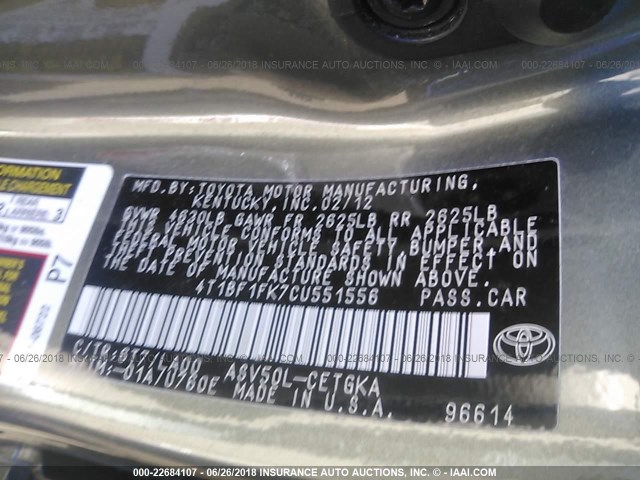 4T1BF1FK7CU551556 - 2012 TOYOTA CAMRY SE/LE/XLE 绿色 照片 9